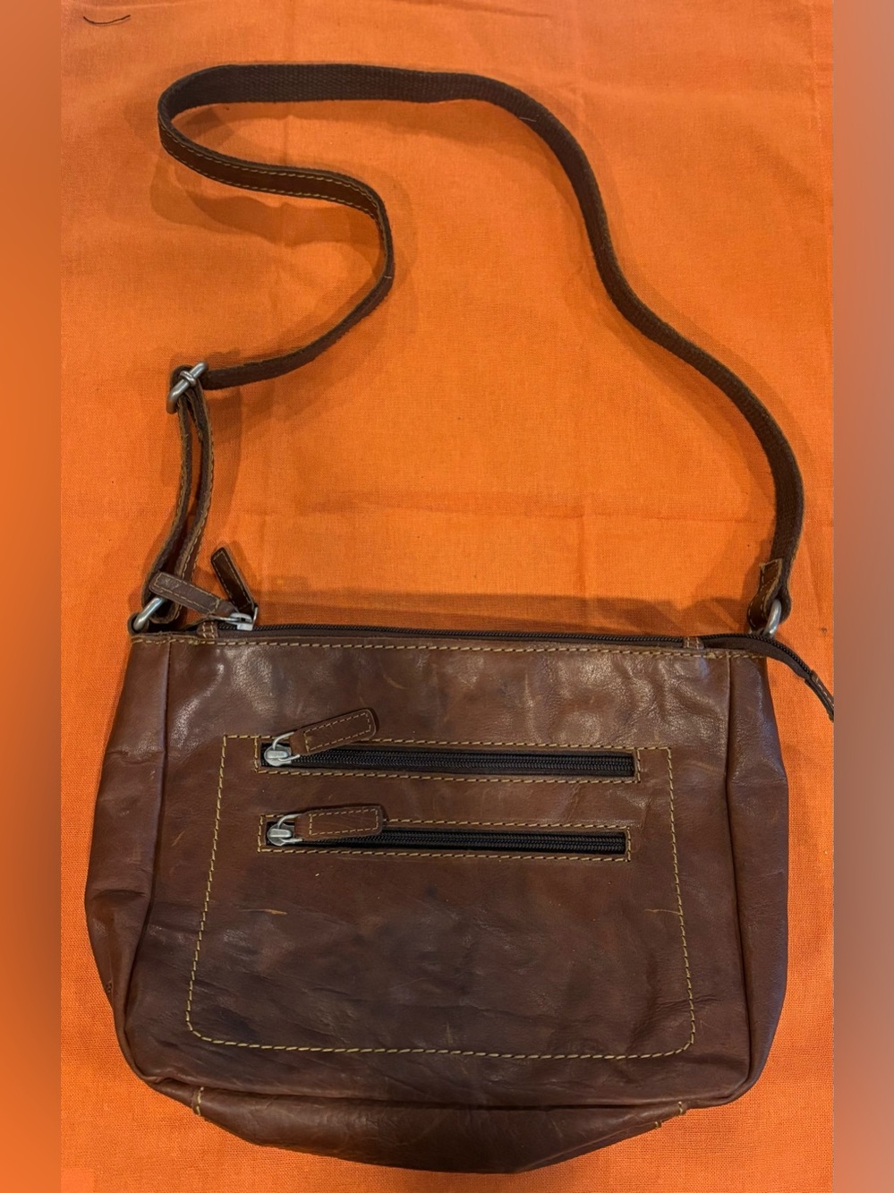 Women's Brown Leather Shoulder Bag with Dual Front Zips